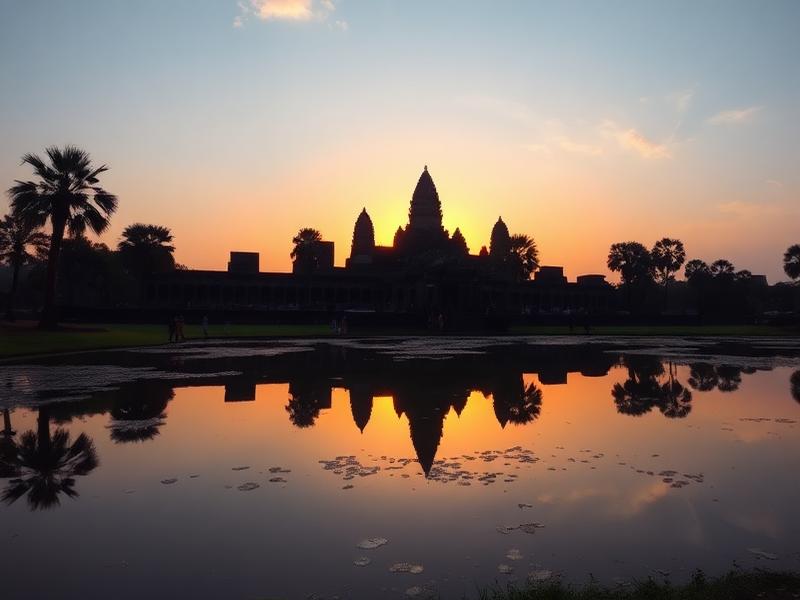 Angkor Wat reflected in water at sunrise, Cambodia