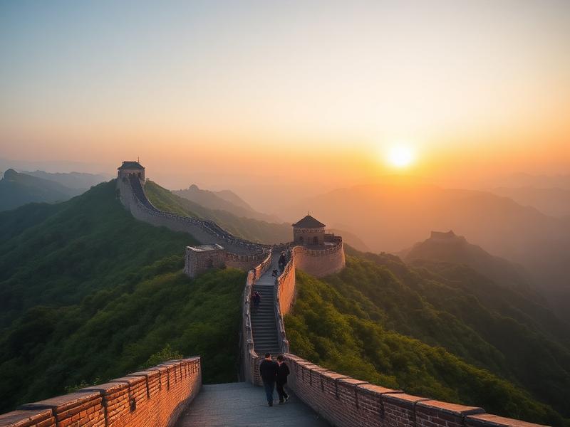 The Great Wall of China winding over mountains at sunrise