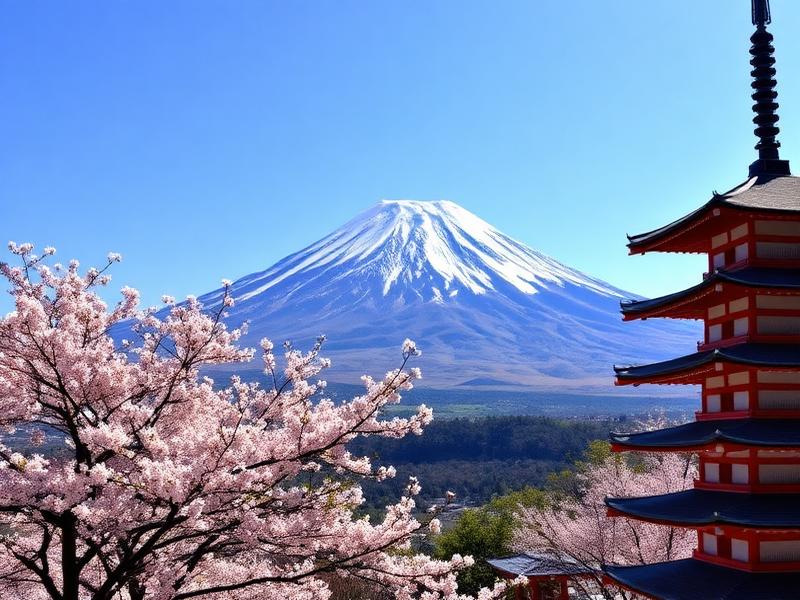 Mount Fuji with cherry blossoms and a pagoda in Japan