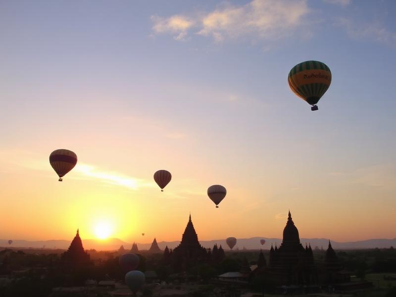 Hot air balloons over the temples of Bagan, Myanmar