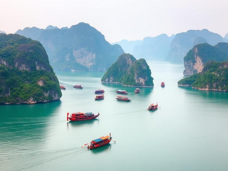 Limestone islands and boats in Ha Long Bay, Vietnam