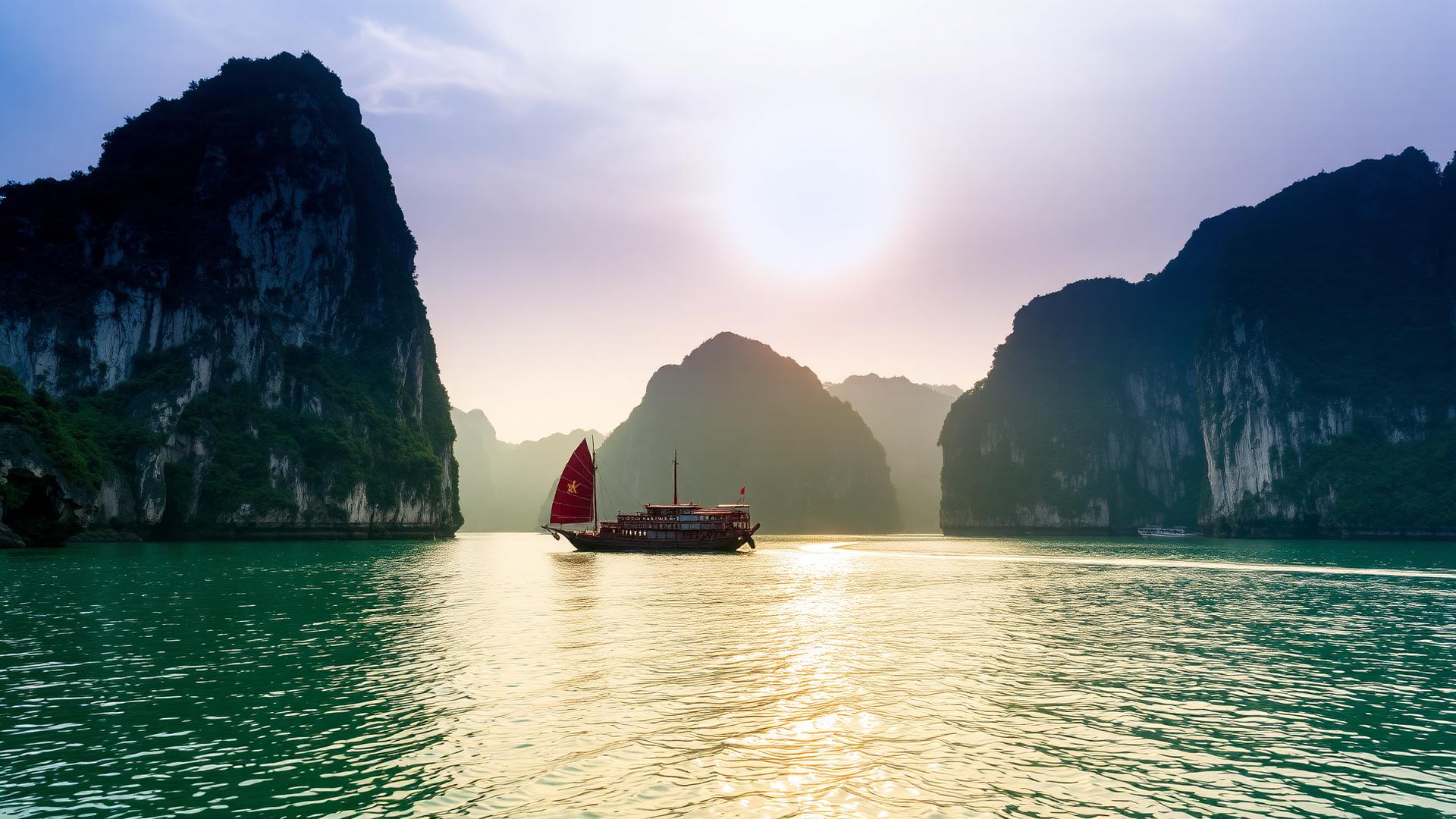 Traditional junk boat sailing through Ha Long Bay, Vietnam