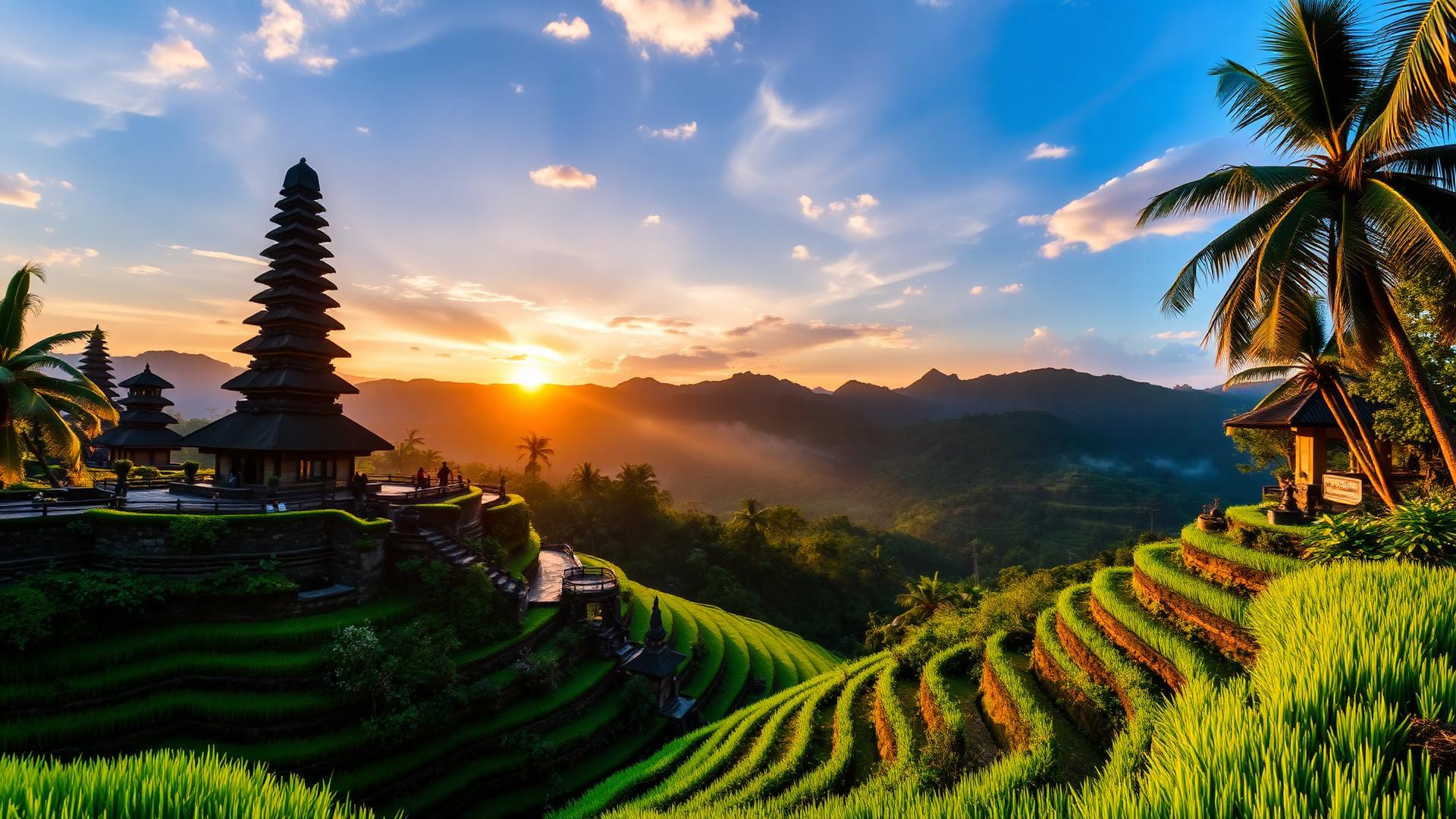 Balinese temple above rice terraces at sunrise